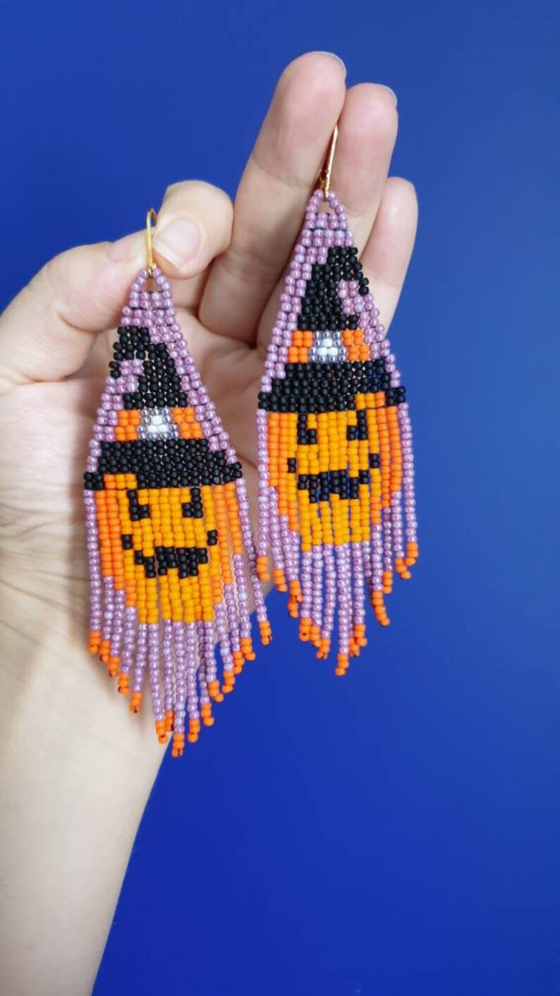Jack O Lantern earrings beaded fringe earrings Halloween Etsy