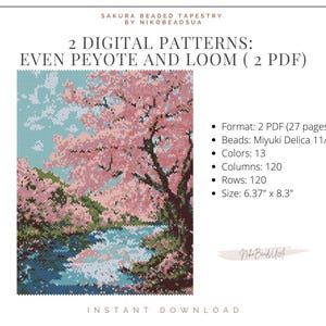 May include: Digital pattern for a beaded tapestry featuring a cherry blossom scene. The image shows a detailed illustration of a pink cherry blossom tree by a river. The pattern includes 2 PDF files, 13 colors, and measures 6.37" x 8.3".
