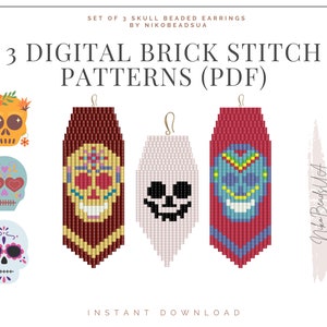 May include: Three digital brick stitch patterns for beaded earrings in PDF format. The patterns feature three different skull designs: a traditional sugar skull with floral accents, a simple skull with a black outline, and a blue skull with geometric patterns. The text "3 DIGITAL BRICK STITCH PATTERNS (PDF)" is displayed at the top of the image.