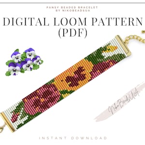 Pansy Loom pattern for beaded bracelet, flower pattern, DIY beaded bracelet pattern for Miyuki Delica