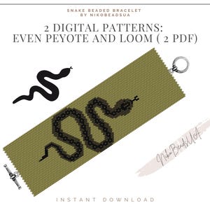 May include: A digital pattern for a beaded snake bracelet. The pattern is available in two formats: even peyote and loom. The image shows a close-up of the bracelet, which is made with green and black beads. The text "2 DIGITAL PATTERNS: EVEN PEYOTE AND LOOM (2 PDF)" is visible in the image.