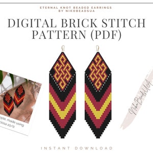 May include: Digital brick stitch pattern for beaded earrings. The pattern features a red, yellow, and black color scheme with a knot design. The pattern is available as a PDF download. "Real sample, made using Preciosa 10/0" is written below the earrings.
