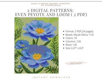 Blue Flowers even peyote and loom patterns for beaded tapestry, floral pattern, DIY beading pattern for Miyuki Delica
