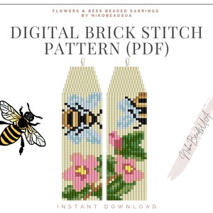 May include: Digital brick stitch pattern for beaded earrings featuring a bee and flower design. The pattern includes a bee with yellow and black stripes, a pink flower, and green leaves. The pattern is available as a PDF download.