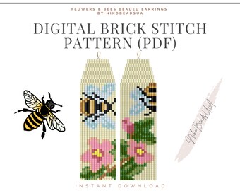 Flowers & Bees Brick Stitch pattern for fringe beaded earrings, bumblebee pattern, DIY beaded earrings pattern for Miyuki Delica