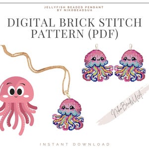 Peut inclure: Patron PDF de point de brique numérique pour un pendentif en perles de méduse. Le patron comprend un collier et des boucles d'oreilles. Les méduses sont roses avec des tentacules arc-en-ciel.