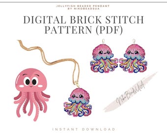 Puede incluir: Patrón PDF de punto de ladrillo digital para un colgante de medusa con cuentas. El patrón incluye un collar y pendientes. Las medusas son rosas con tentáculos arcoíris.