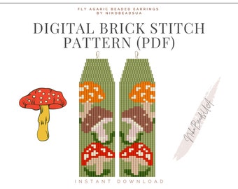 May include: Digital brick stitch pattern for beaded earrings featuring a mushroom design. The pattern includes red, orange, brown, green, and white beads. The pattern is available as a PDF download. "Fly Agaric Beaded Earrings by NikoBeadsUA" is written at the top of the image.