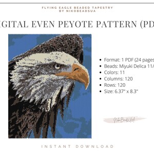 Pode incluir: Padrão digital para bordar uma águia a voar em ponto peyote par. O padrão é de 120 colunas por 120 linhas e utiliza 11 cores de contas Miyuki Delica. A peça acabada terá 16,2 cm por 21,1 cm.
