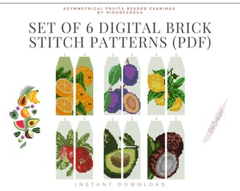 Set of 6 Fruit Earrings Brick Stitch patterns for fringe beaded earrings, asymmetrical fruits bundle for Miyuki Delica