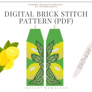 Op de afbeelding: Digitaal baksteen-steekpatroon voor geperst citronen oorbellen. Het patroon is voor een paar oorbellen met een groene achtergrond en gele citroenen. Het patroon is beschikbaar als PDF-download.  "Lemons Beaded Earrings by NikoBeadsUA" staat bovenaan de afbeelding.