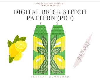 Lemon Brick Stitch pattern for fringe beaded earrings, fruit pattern, DIY beaded earrings pattern for Miyuki Delica