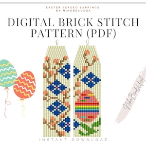 May include: Digital brick stitch pattern for beaded earrings in PDF format. The pattern features two earrings, one with a floral design and the other with an Easter egg design. The earrings are made with white, blue, green, pink, and yellow beads.