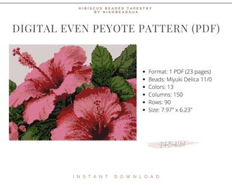 Hibiscus even peyote pattern for beaded tapestry, floral pattern, DIY beading pattern for Miyuki Delica
