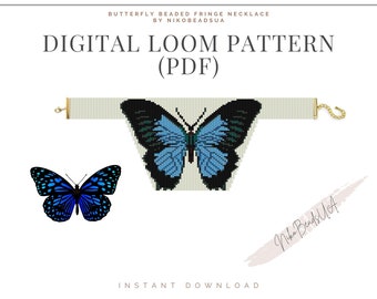 Könnte beinhalten: Digitales Webmuster für eine geperlte Schmetterlingskette. Das Muster ist für einen blauen Schmetterling mit schwarzen Flügeln und weißem Hintergrund. Das Muster ist als PDF-Download verfügbar.