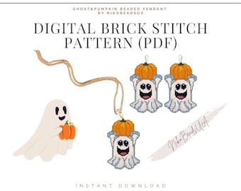 Ghost & Pumpkin Brick Stitch-patroon voor kralenoorbellen, sleutelhanger of hanger, DIY-patroon kralenoorbellen voor Miyuki Delica
