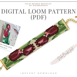 May include: A digital loom pattern for a beaded bracelet with a tulip design. The bracelet features a pattern of burgundy and pink tulips with green leaves on a cream background. The text "DIGITAL LOOM PATTERN (PDF)" is displayed.