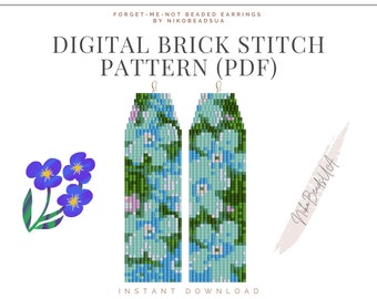 May include: Digital brick stitch pattern for beaded earrings featuring forget-me-not flowers in shades of blue, green, and pink. The pattern is available as a PDF download. "Forget-Me-Not Beaded Earrings by NikoBeadsUA" is written at the top of the image.