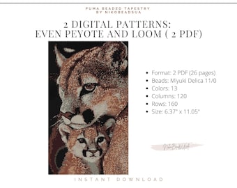 Puma and Cub even peyote and loom patterns for beaded tapestry, animal pattern, DIY beading pattern for Miyuki Delica