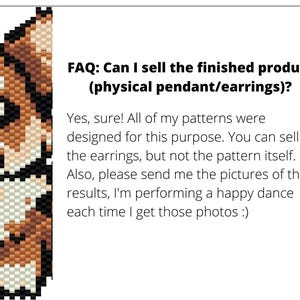 Puede incluir: Una imagen pixelada de un perro corgi con pelaje marr&oacute;n, blanco y negro. La imagen es un patr&oacute;n para crear un colgante o pendientes. El texto debajo de la imagen dice: "FAQ: &iquest;Puedo vender el producto terminado (colgante/pendientes f&iacute;sicos)? S&iacute;, &iexcl;por supuesto! Todos mis patrones fueron dise&ntilde;ados para este prop&oacute;sito. Puedes vender los pendientes, pero no el patr&oacute;n en s&iacute;. Adem&aacute;s, por favor env&iacute;ame las fotos de los resultados, estoy haciendo una danza de la felicidad cada vez que recibo esas fotos :)"