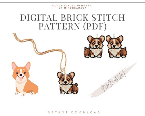 Corgi Brick Stitch pattern for beaded earrings, keychain or pendant, DIY beaded earrings pattern for Miyuki Delica