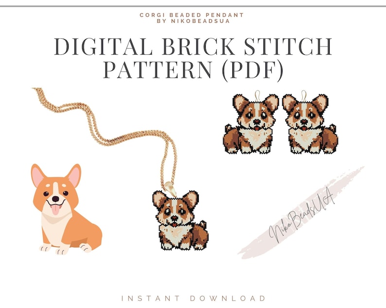 Puede incluir: Patr&oacute;n de punto de ladrillo digital para un colgante de Corgi con cuentas. El patr&oacute;n est&aacute; en formato PDF e incluye una cadena dorada y dos colgantes de Corgi. El patr&oacute;n es de Nika Beads UA.