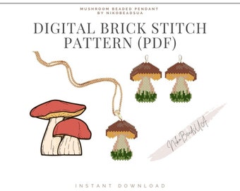 Mushroom Brick Stitch pattern for beaded earrings, keychain or pendant, DIY beaded earrings pattern for Miyuki Delica