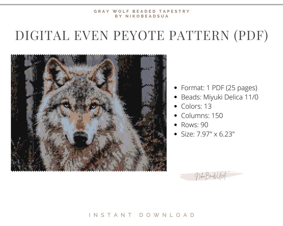 Gray Wolf Even Peyote Pattern for Beaded Tapestry, Animal Pattern, DIY ...