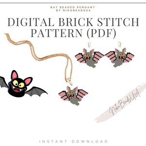 May include: Digital brick stitch pattern (PDF) for a bat beaded pendant and earrings. The image shows a gold chain necklace with a bat pendant, two bat earrings, and a cartoon bat illustration. Text includes "Bat Beaded Pendant" and "Instant Download."
