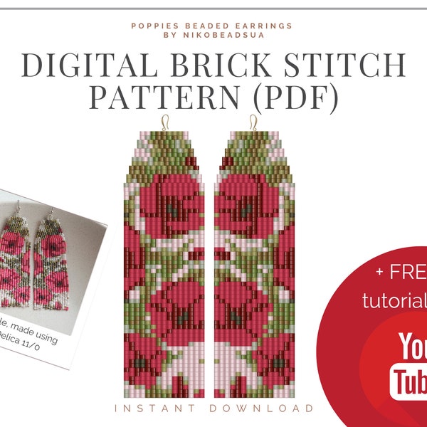 Poppies Brick Stitch pattern for fringe beaded earrings, floral pattern, beaded flower, DIY beaded earrings pattern for Miyuki Delica