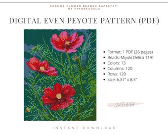 May include: Digital pattern for a beaded tapestry of cosmos flowers in shades of pink, red, and green. The pattern is 6.37 inches by 8.3 inches and uses 13 colors of Miyuki Delica beads.
