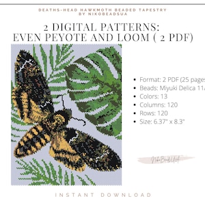 May include: Digital PDF patterns for a Death's-Head Hawkmoth beaded tapestry, featuring even peyote and loom techniques. The design includes a moth and foliage in shades of black, yellow, and green. The pattern size is 6.37" x 8.3".