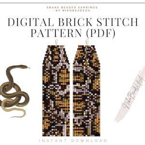 May include: Digital brick stitch pattern for snake beaded earrings. The pattern is in PDF format and includes a close-up of the earrings with a snake design. The text "INSTANT DOWNLOAD" is at the bottom of the image.