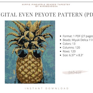 Puede incluir: Patrón digital para una piña bordada con gafas de sol. El patrón es para punto de peyote par y utiliza 13 colores de cuentas Miyuki Delica 11/0. La pieza terminada mide 16,2 cm por 21,1 cm.