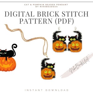 May include: Digital brick stitch pattern for a beaded pumpkin and cat pendant. The pattern includes a necklace and earrings. The pattern is available as a PDF download.