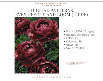 Peonies even peyote pattern for beaded tapestry, floral pattern, DIY beading pattern for Miyuki Delica