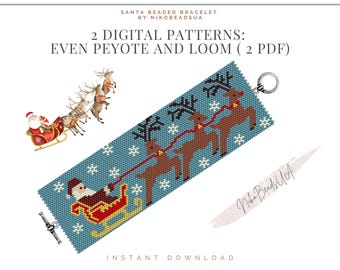 Santa and deer even peyote and loom patterns for beaded bracelet, Christmas pattern, DIY beaded bracelet pattern for Miyuki Delica