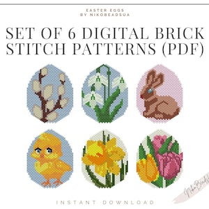May include: Set of 6 digital brick stitch patterns for Easter eggs. The patterns include a chick, a bunny, flowers, and more. Instant download PDF.