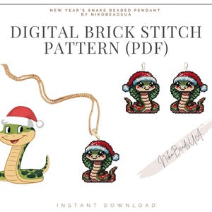 May include: Digital brick stitch pattern for a beaded snake pendant with a Santa hat. The pattern includes a snake with a red and white Santa hat, green body, and red and white bead accents. The pattern is available as a PDF download.