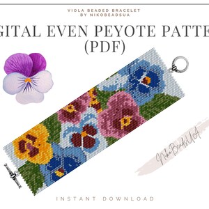 May include: A digital pattern for a beaded bracelet featuring a floral design with pansies in shades of yellow, blue, pink, and purple. The pattern is for even peyote stitch and is available as a PDF download. The text "VIOLA BEADED BRACELET BY NIKOBEADSUA" and "DIGITAL EVEN PEYOTE PATTERN (PDF)" is visible in the image.
