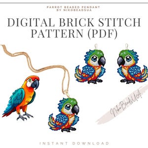 May include: Digital brick stitch pattern PDF for a beaded parrot pendant. The pattern includes a parrot with blue, green, red, and yellow colors.