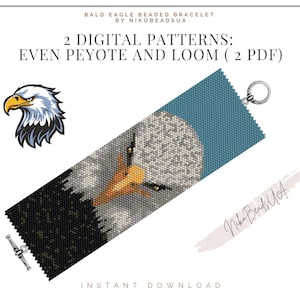Könnte beinhalten: Digitales Muster für ein Perlenarmband mit einem Weißkopfseeadler-Design. Das Bild zeigt ein Armband mit einer detaillierten Adlerillustration, einem blauen Himmel und dem Text "2 Digital Patterns: Even Peyote and Loom (2 PDF)".