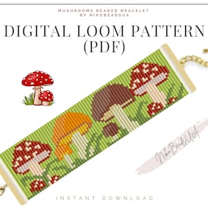 May include: Digital loom pattern for a beaded bracelet featuring mushrooms with red caps and white stems on a green background. The pattern is available as a PDF download. "Nika Beads UA" is written in the bottom right corner.