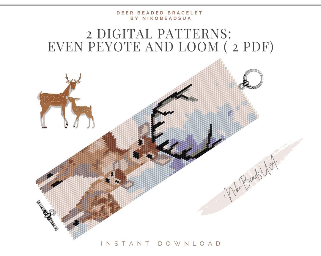 Deer and Baby Even Peyote and Loom Patterns for Beaded Bracelet, Animal ...
