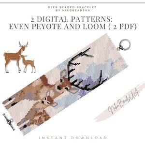 May include: A digital pattern for a beaded bracelet featuring a mother and baby deer. The pattern is available in two formats: even peyote and loom. The image includes the text "DEER BEADED BRACELET BY NIKOBEADSUA 2 DIGITAL PATTERNS: EVEN PEYOTE AND LOOM (2 PDF) INSTANT DOWNLOAD Nika Beads UA"