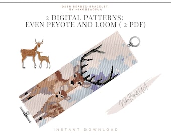 Deer and Baby even peyote and loom patterns for beaded bracelet, animal pattern, DIY beaded bracelet pattern for Miyuki Delica