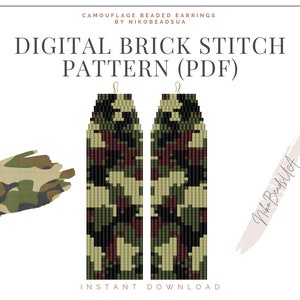 Camouflage Brick Stitch pattern for fringe beaded earrings, military pattern, DIY beaded earrings pattern for Miyuki Delica