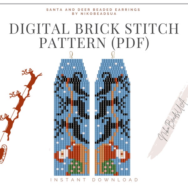 Santa and Deer Brick Stitch pattern for fringe beaded earrings, Christmas pattern, DIY beaded earrings pattern for Miyuki Delica