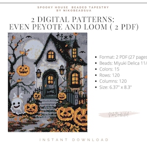 不気味な家、ビーズのタペストリー用のペヨーテと織機のパターン、ハロウィーンのパターン、ミユキデリカのDIYビーズパターン