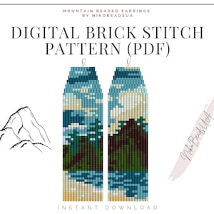 May include: Digital brick stitch pattern for beaded earrings featuring a mountain landscape with blue sky, white clouds, green trees, and a blue lake. The pattern is available as a PDF download.